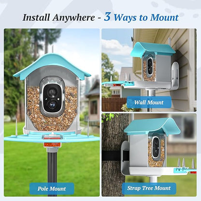 Smart Bird Feeder with Camera, 2K HD AI Identify Birds Species, Bir d Watching Camera with Solar Panel, Auto Capture Bird Videos & Instant Notifications, Ideal Present for Bir d Lover, Blue