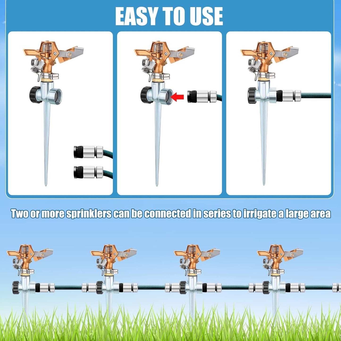 4 Pieces Brass Impact Lawn Sprinklers for Yard, Heavy Duty Water Sprinkler Head with Zinc Alloy Spike Base 360 Degree Automatic Rotating Lawn Sprinkler for Yard Lawn Large Area Patio Garden