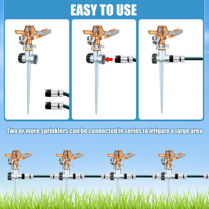 4 Pieces Brass Impact Lawn Sprinklers for Yard, Heavy Duty Water Sprinkler Head with Zinc Alloy Spike Base 360 Degree Automatic Rotating Lawn Sprinkler for Yard Lawn Large Area Patio Garden