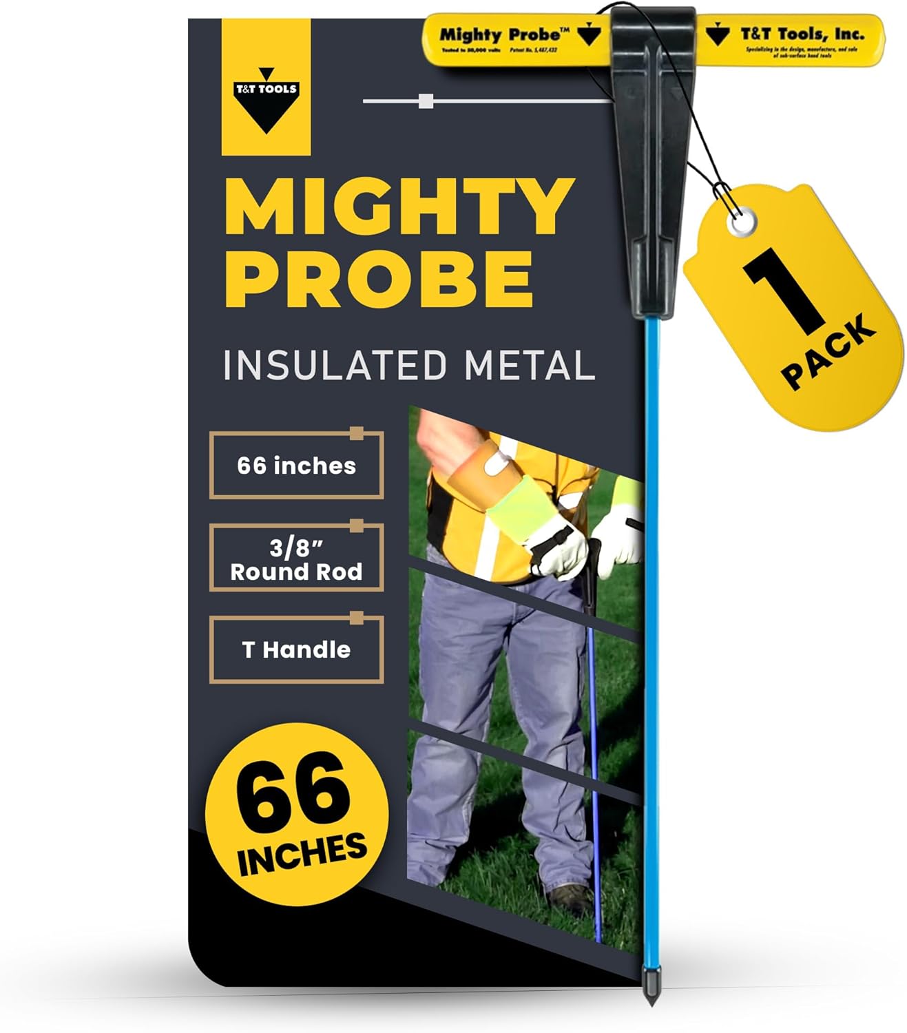 T&T Tools 66-Inch Mighty Probe Insulated Metal Soil Probe – 3/8" Metal Round Rod, Heavy Duty Design for Easy Penetration & Withdrawal, Soil Testing & Landscaping Tools, T-Handle, USA-Made-1 Pack