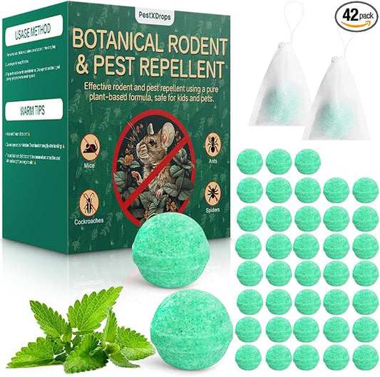 Rodent Mouse Repellent 42 Pieces, Peppermint Oil Moth Balls for Mice Rats Deterrent, Natural Pest Control Pouches for Chipmunks, Squirrels, Safe for Humans & Pets, Skunks, Indoor and Outdoor Use