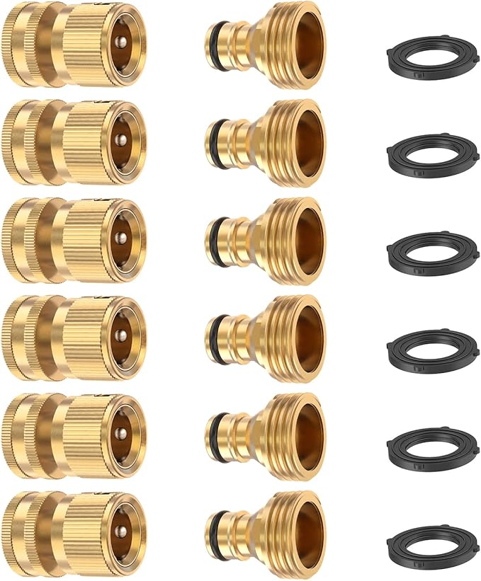 Kesfitt Garden Hose Quick Connect 3/4 Inch GHT Solid Brass Hose Connector Adapter Kit Fitting No-Leak Water Hose Female and Male Adapter (6 Sets)