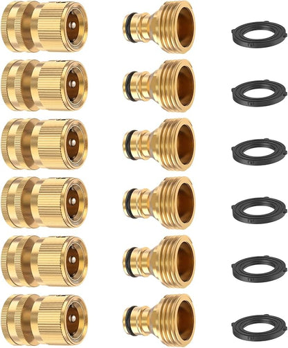 Kesfitt Garden Hose Quick Connect 3/4 Inch GHT Solid Brass Hose Connector Adapter Kit Fitting No-Leak Water Hose Female and Male Adapter (6 Sets)