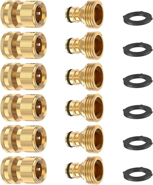 Kesfitt Garden Hose Quick Connect 3/4 Inch GHT Solid Brass Hose Connector Adapter Kit Fitting No-Leak Water Hose Female and Male Adapter (6 Sets)