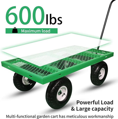AAIN 600 lbs Metal Garden Cart,Heavy Duty Garden Wagon with Removable Steel Mesh Sides, Utility Yard Cart with 180° Rotating Handle and 10-inch Wheels—Perfect for Gardens, Farms, and Yards, Green