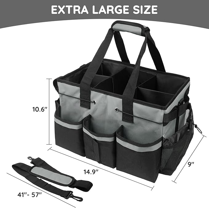 ZKOO Large Cleaning Caddy Bag with Handle, Built-in Sturdy Support Board, Adjustable Shoulder Strap, Multi-compartment Design Cleaning Supply Tote for Cleaners & Housekeepers (Gray)