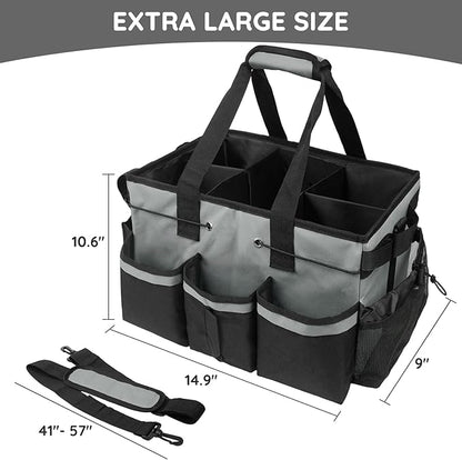 ZKOO Large Cleaning Caddy Bag with Handle, Built-in Sturdy Support Board, Adjustable Shoulder Strap, Multi-compartment Design Cleaning Supply Tote for Cleaners & Housekeepers (Gray)