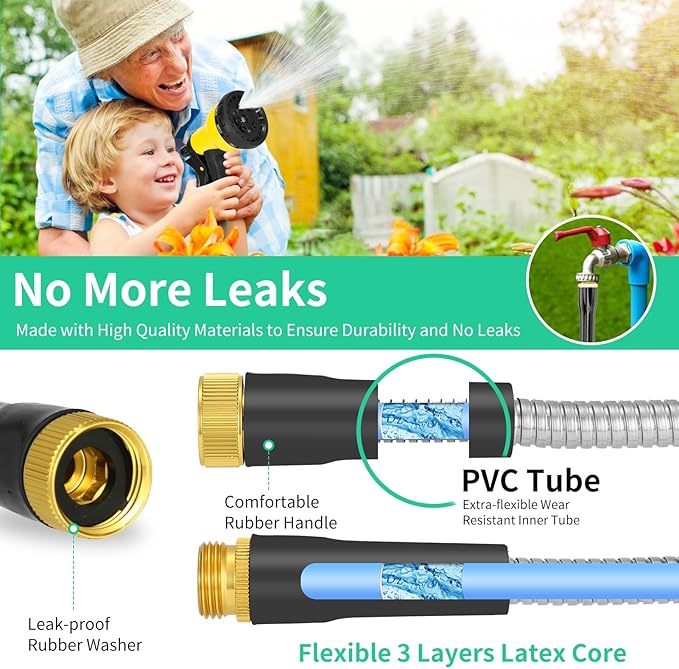 75FT Garden Hose, Flexible, Kink-Free, Lightweight, Crush Resistant Fittings AMOOX Stainless Steel Water Hoses with Nozzles Metal Hose for Yard, RV, Garden, Outdoor