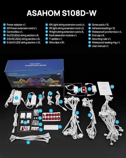 ASAHOM Permanent Outdoor Light Pro S108D, 200FT with 144 RGBCW LEDs, WLED Integration, AI Lighting, 30000 Lighting Effect Combination, IP67 Waterproof for Halloween Christmas Daily Decor, White