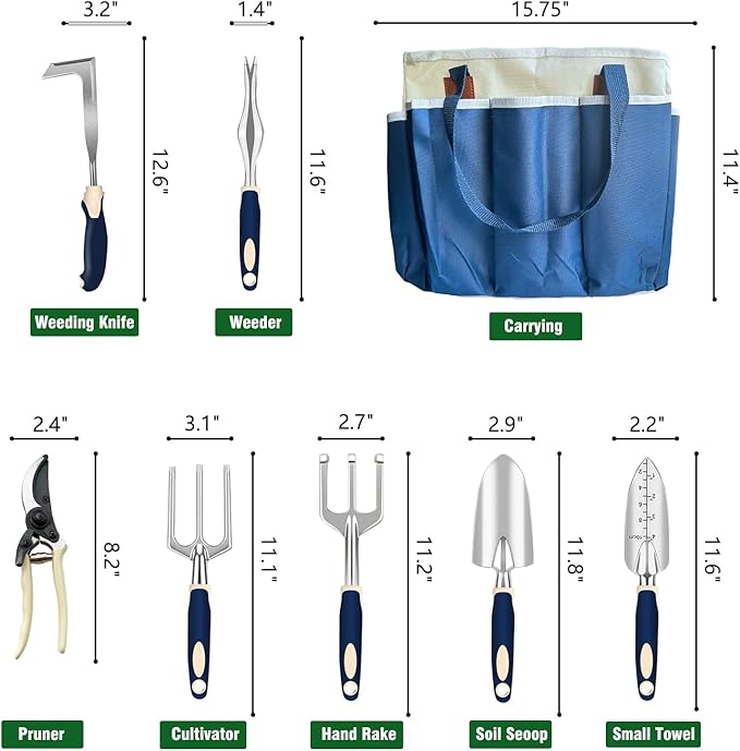 Garden Tool Set, 9-Piece Heavy-Duty Gardening Tool Set with Stylish Tool Bag, Multiple Storage Pockets, Durable Garden and Weeding Tools for Men and Women for Gardening Enthusiasts