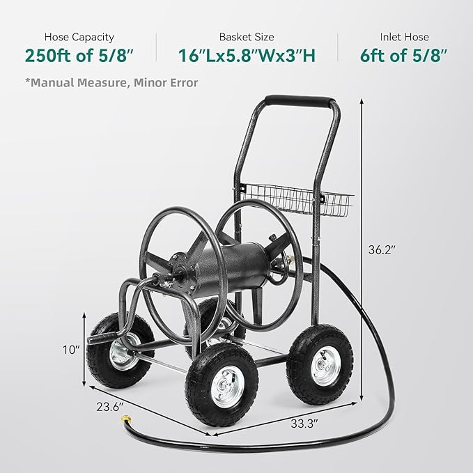 250FT Garden Hose Reel Cart with 10" Pneumatic Tires, Heavy-Duty Steel Frame for Tangle-Free Water Hose Storage, Easy-Rolling Lawn & Yard Hose Holder
