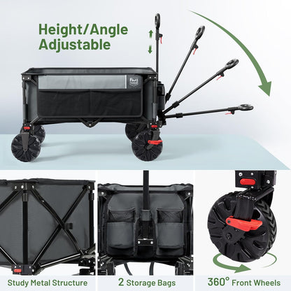 Timber Ridge Outdoor Collapsible Wagon with Brakes Utility Folding Cart Heavy Duty All Terrain Wheels for Shopping Camping Garden with Side Bag and Cup Holders, Grey
