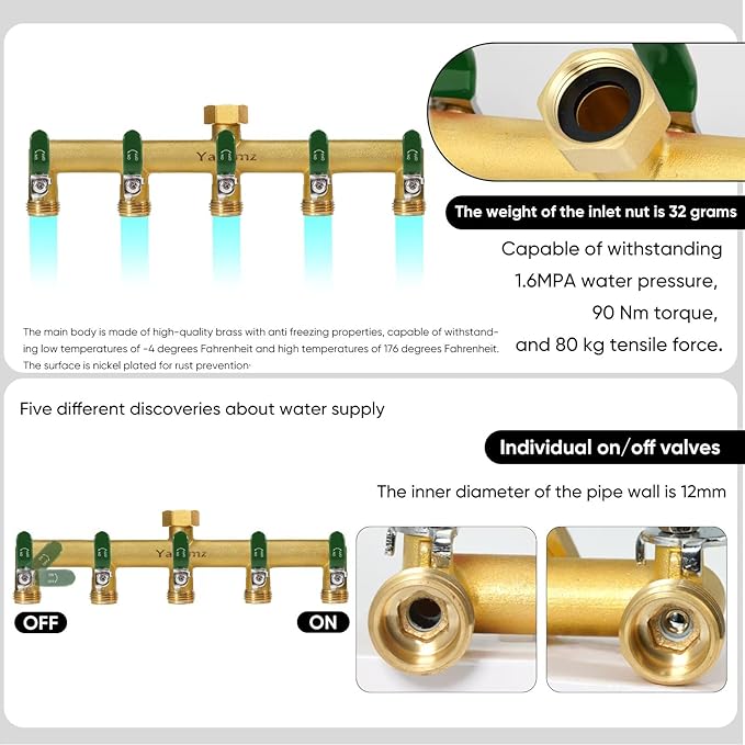 Garden Hose Splitter, 3/4” Rust and Freeze Resistant Outdoor Hose Manifold with 5 green Extra Long Handles Faucet Adapter-Heavy Duty Brass 5-Way Valve
