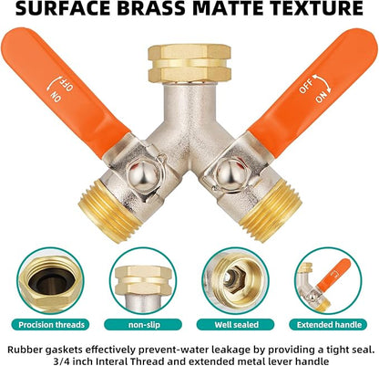 2 Way Hose Splitter, Brass High Flow Garden Hose Splitter Heavy Duty, Hose Connector, Water Spigot Splitter, Full Flow Faucet Splitter with shutoff, 3/4” GHT Inlet
