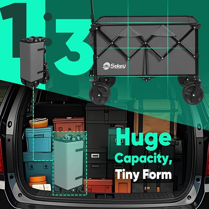 Collapsible Wagon Cart with Big All-Terrain Beach Wheels, Foldable Heavy Duty Wagons with Cup Holders, Utility Carts for Camping, Garden, Outdoor, Grocery, Sports. Grey