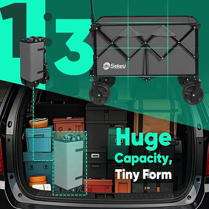 Collapsible Wagon Cart with Big All-Terrain Beach Wheels, Foldable Heavy Duty Wagons with Cup Holders, Utility Carts for Camping, Garden, Outdoor, Grocery, Sports. Grey