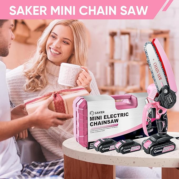 Saker Mini Electric Chainsaw,6 Inch, Handheld Portable Chain Saw Pruning Shears Chainsaw Cordless for Tree Branches,Household and Garden(SAKER MINI CHAINSAW PINK + 2 BATTERIES + 3 CHAINS)