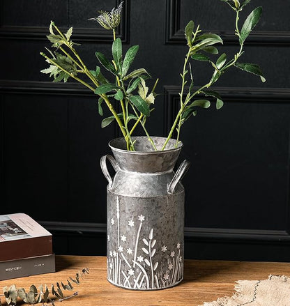 Vintage Galvanized Metal Milk Can, Farmhouse Rustic Flower Pitcher Vase, Decorative Floral Milk Jug Vase for Home Décor, 10.8’’H