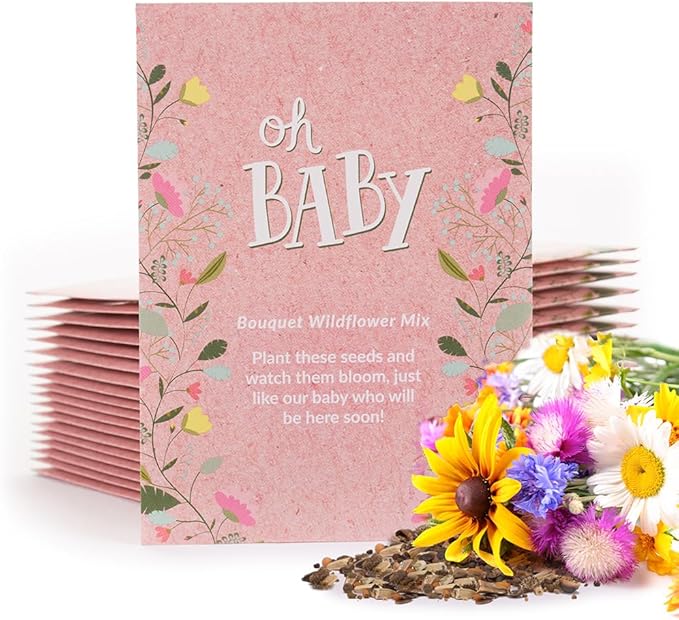 BENTLEY SEED CO. Oh Baby Flower Seeds Packets - Girl/Boy Baby Shower Favors - Pre-Filled, 25 Wildflower Seed Packs for Favor - Eco-Friendly Gift & Babys Guest Giveaways - Non-GMO Seeds - Pink