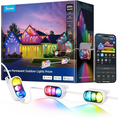 Govee Permanent Outdoor Lights Prism, 200ft with 72 Triple-Color Lighting Heads, 100+ Scene Modes, Up to 60lm for Outdoor Decor, IP68 Waterproof, Works with Alexa, Google Assistant & Matter, White