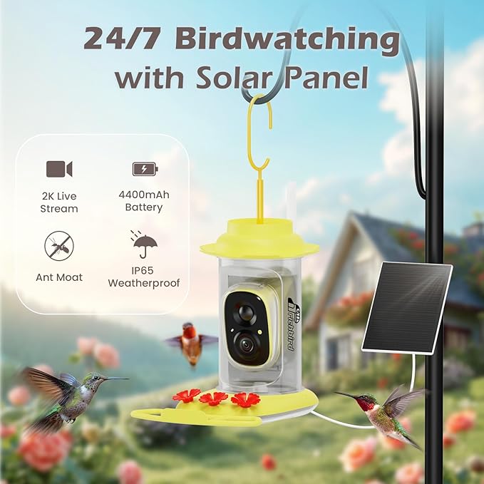 Smart Hummingbird Feeder with Camera Solar Powered, AI Identify, Instant Notification, Leakproof & Ant Moat, Outdoors Hanging, Idea Gift for Bird Lovers (20 oz)