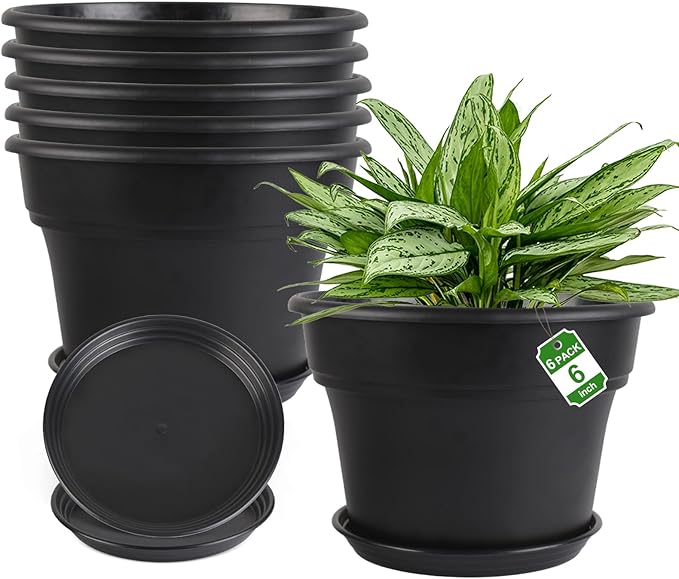 6-inch-Plant-Pots-Indoor-Outdoor, 6 Pack Plastic Planters with Drainage Holes & Saucers, Resin Flower Pots with Trays, Classic Garden Pot Container for House