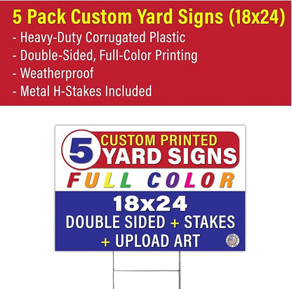 Personalized 18x24" Yard Signs, Double Sided Printing, Metal Stake Included, by Legit Fast Printing (5pk)