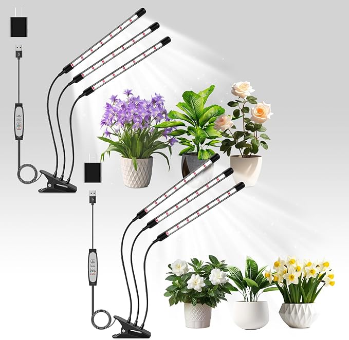 3 Head Grow Lights for Seed Starting, 6000K Full Spectrum for Indoor Plants, 6/12/18H Auto Timer, 5 Dimmable Levels, Clip-on Desk Lamp for Growing (2 Pack)