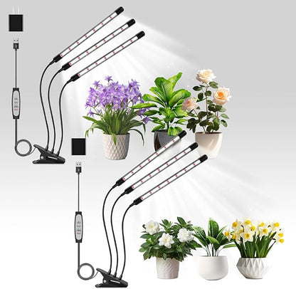 3 Head Grow Lights for Seed Starting, 6000K Full Spectrum for Indoor Plants, 6/12/18H Auto Timer, 5 Dimmable Levels, Clip-on Desk Lamp for Growing (2 Pack)