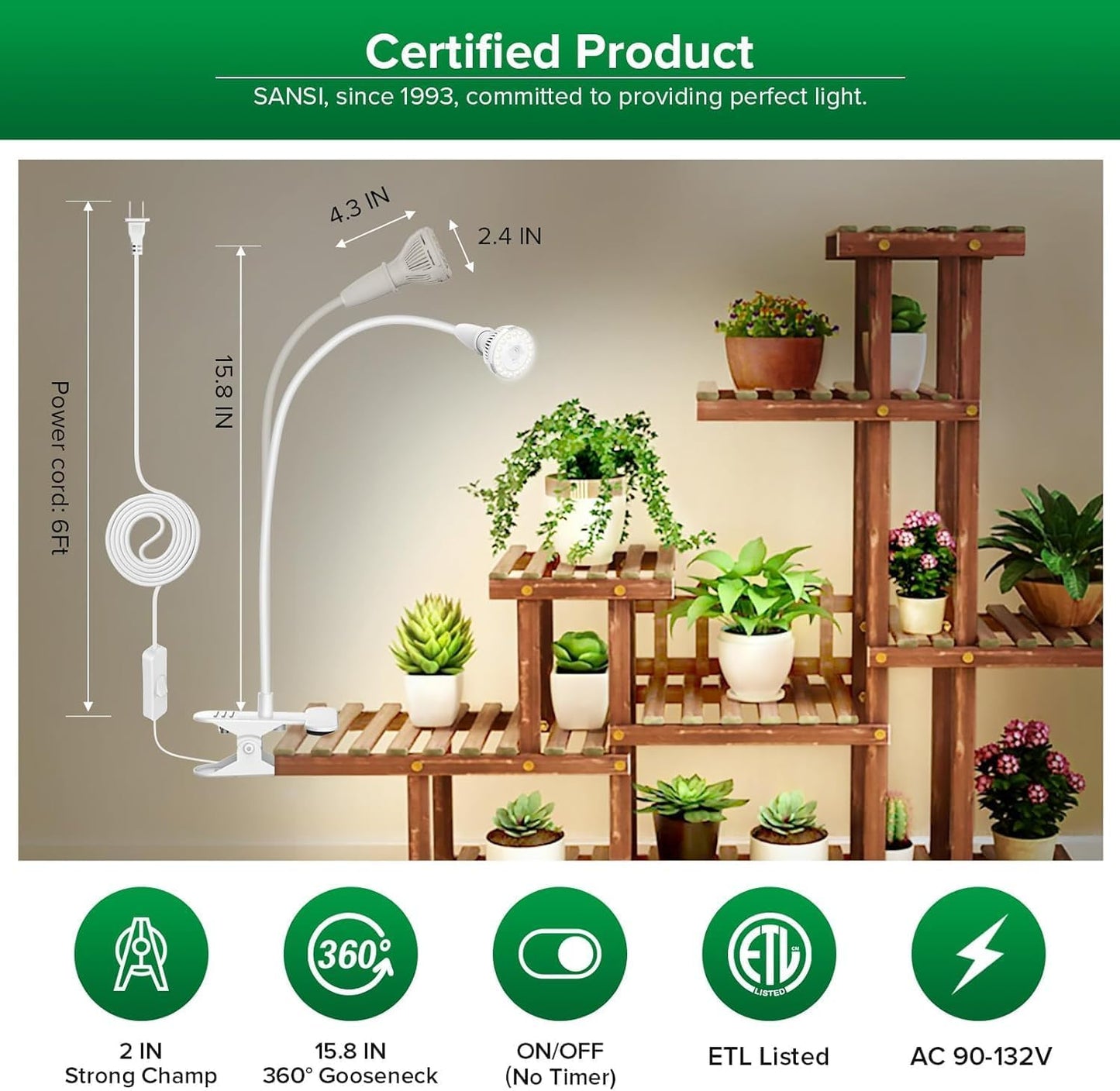 SANSI LED Grow Lights for Indoor Plants, 150W Full Spectrum Clip-on Gooseneck Grow Light with Ceramic Tech.,10W Power Plant Light with Optical Lens for High PPFD, Lifetime Free Bulbs Replacement White