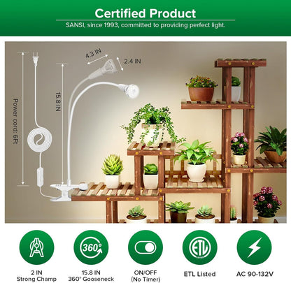 SANSI LED Grow Lights for Indoor Plants, 150W Full Spectrum Clip-on Gooseneck Grow Light with Ceramic Tech.,10W Power Plant Light with Optical Lens for High PPFD, Lifetime Free Bulbs Replacement White