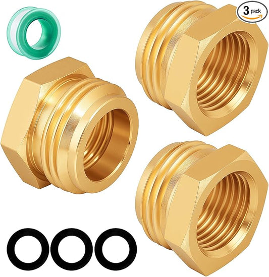 Garden Hose Adapter: Brass 3/4" GHT Male to 1/2" NPT Female Reducer, Leak-Proof Connector (3/4" GHT Male to 1/2" NPT Female, 3-Pack)