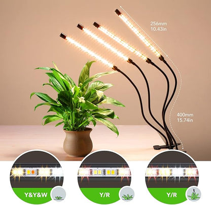 Plant Lights for Indoor Growing, Full Spectrum 4 Heads Clip Grow Lamps with 10 Feet Cables for Houseplants, Auto On Off Timing 3 9 12Hrs(2 Pack)