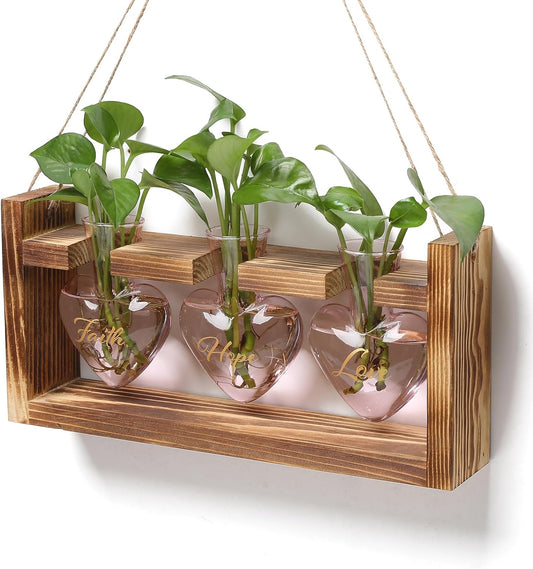 Plant Terrarium Propagation Stations Faith Hope Love Hydroponics Home Garden Decoration Gift for Women with Wooden Stand Heart Shaped Colored Glass Vase