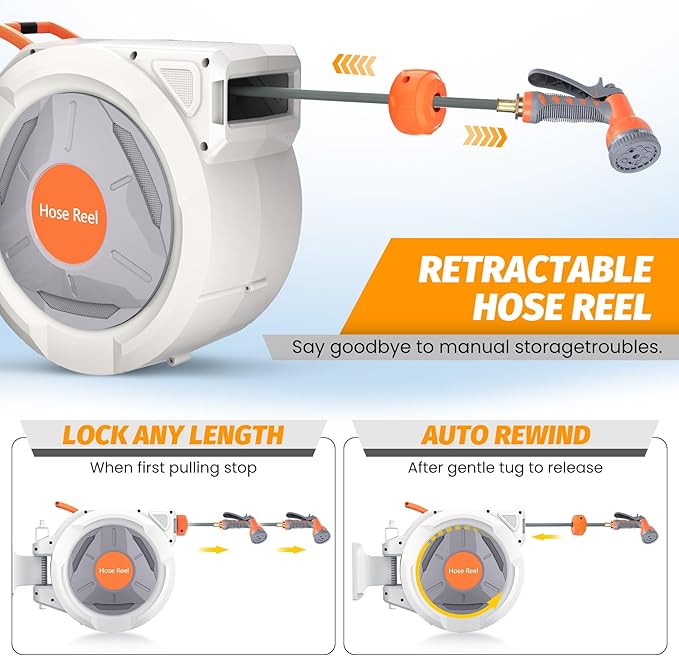 GarveeLife Retractable Garden Hose Reel 5/8 in x 65 Ft, Wall Mounted Garden Hose Reel, with 9 Function Sprayer Nozzle, Any Length Lock, Lock/Automatic Slow Return System, 180° Swivel Bracket(Grey)