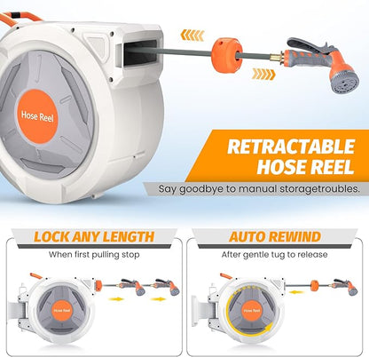GarveeLife Retractable Garden Hose Reel 5/8 in x 65 Ft, Wall Mounted Garden Hose Reel, with 9 Function Sprayer Nozzle, Any Length Lock, Lock/Automatic Slow Return System, 180° Swivel Bracket(Grey)