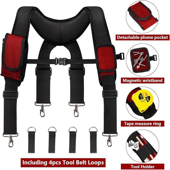 Tool Belt With Suspenders, 24 Pockets Tool Bag with Magnetic Wristband, Detachable Tool Pouch Bag, Adjustable Waists for Men Electrician Carpenter Construction (Red)