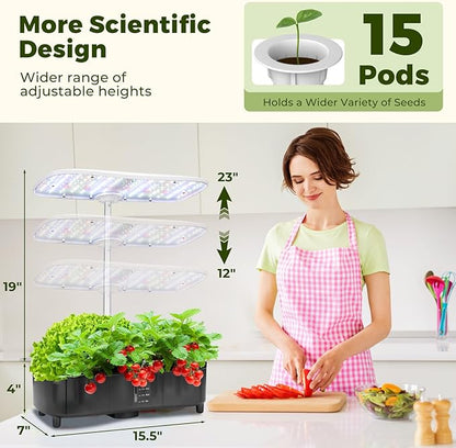 Kingsyard Smart Hydroponics LED, 48W Indoor Garden Grow System, Visible 5L Tank Quiet Pump Auto Timer Kit 15 Pods Herb Seed Starter for Veggies & Salad Greens Plants