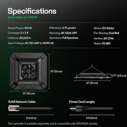 VIVOSUN AeroLight A100SE, LED Grow Light 100W with Integrated Circulation Fan, Compatible with App, Used with Growhub Controller E42A/E25 to Achieve More Functions for 2x2/3x3 Grow Tent
