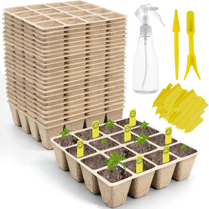 SYITCUN 320 Cells Seed Starter Tray, 20 Pack Biodegradable Seed Starter Kit, Peat Pots for Seedlings with 200 Plant Labels, 2 Seed Planting Tool and 1 Spray Bottle