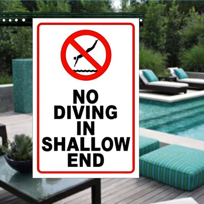 No Diving in Shallow End Pool Safety First! No Diving Signs for Pools - 12x8in Rustic Tinplate Outdoor Warning Decor