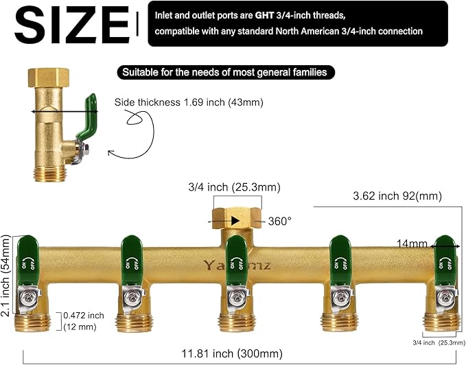 Garden Hose Splitter, 3/4” Rust and Freeze Resistant Outdoor Hose Manifold with 5 green Extra Long Handles Faucet Adapter-Heavy Duty Brass 5-Way Valve
