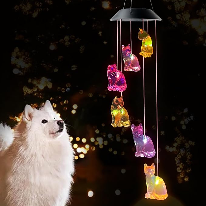 Cat Wind Chimes, Solar Cat Lights for Outside, Gifts for Cats Lovers, Birthday Gifts for Women, Mom, Ded, Grandma, Garden Lawn Yard Outdoor Decor Mobiles Wind Chime, Cats Themed Gift