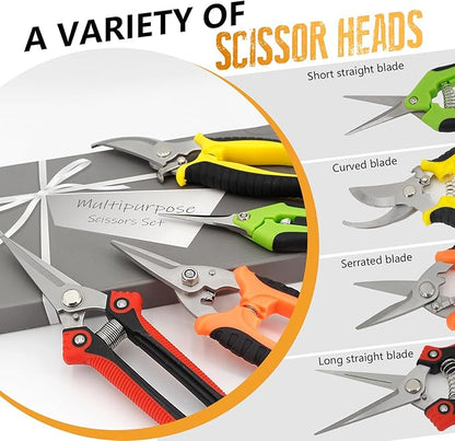 4 Pack Garden Pruning Shears Stainless Steel Clipper Kits, Handheld Garden Trimming Scissors with Sharp Blade Snips Scissors- Gardening Tools for Flowers Plant Branches (Curved & Straight Blade)
