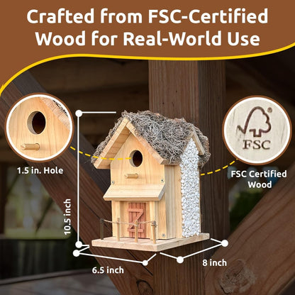 SparkJump Cottage Birdhouse Kit - Easy DIY Bird House for Outdoors, Cedar Roof & Front Porch, Natural Stones, FSC Certified Wood, Fun Family Crafting Project