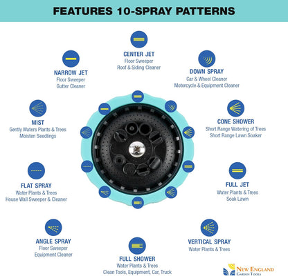 Heavy Duty Metal 10 Pattern Fireman’s Hose Nozzle 500003 with Lever Control and Comfort Grip by New England Garden Tools for Cleaning, Watering Plants & Yards, Washing Cars & Livestock