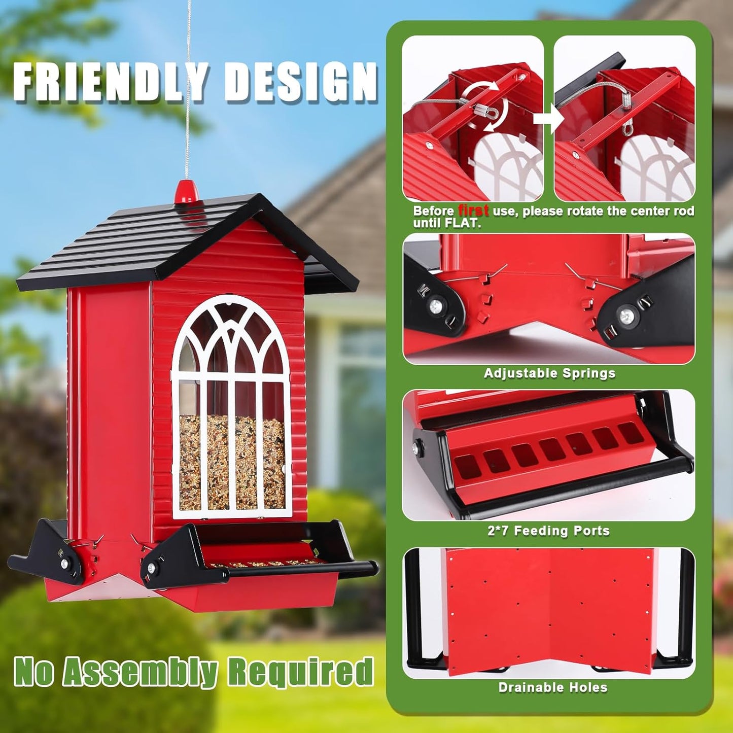 Squirrel Proof Bird Feeder for Outdoors,5LB Large Capacity,Metal Wild Bird Seed Feeder with Bilateral Weight-Activated Perches for Outside Hanging,Finch,Cardinal,Blue Jay,Garden Decoration,Red