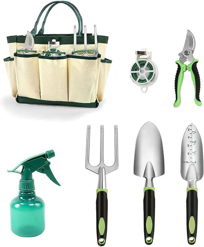 7-Piece Gardening Tools Set for Women, Heavy Duty Gardening Hand Tools, Outdoor Gardening Hand Tools with Non-Slip Green Rubber Handle. Indoor mini Gardening Potting Set (7) (Off-White)