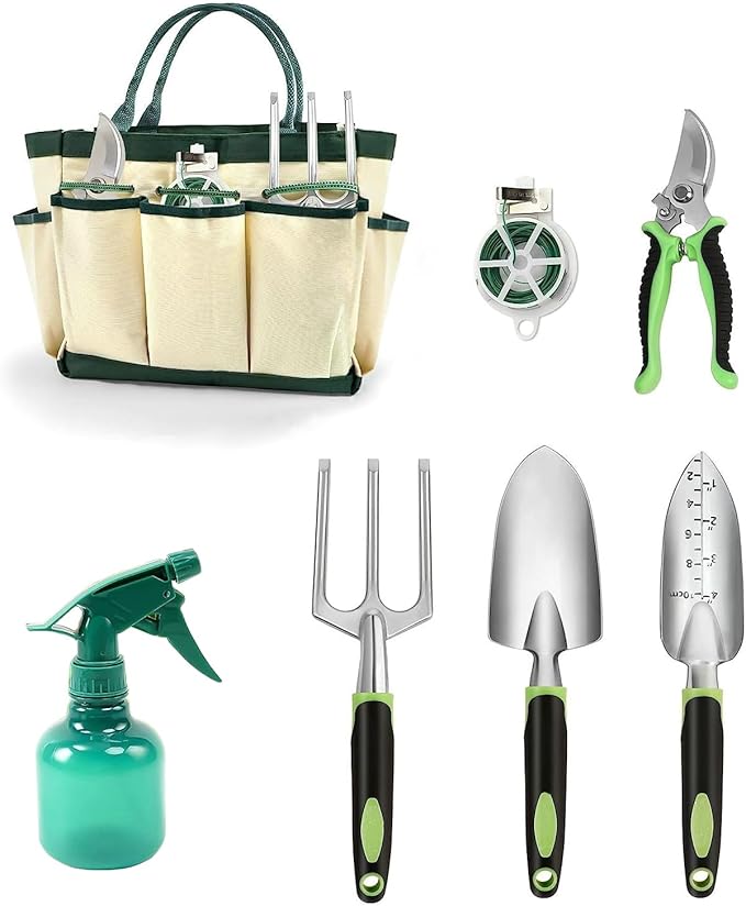 7-Piece Gardening Tools Set for Women, Heavy Duty Gardening Hand Tools, Outdoor Gardening Hand Tools with Non-Slip Green Rubber Handle. Indoor mini Gardening Potting Set (7) (Off-White)