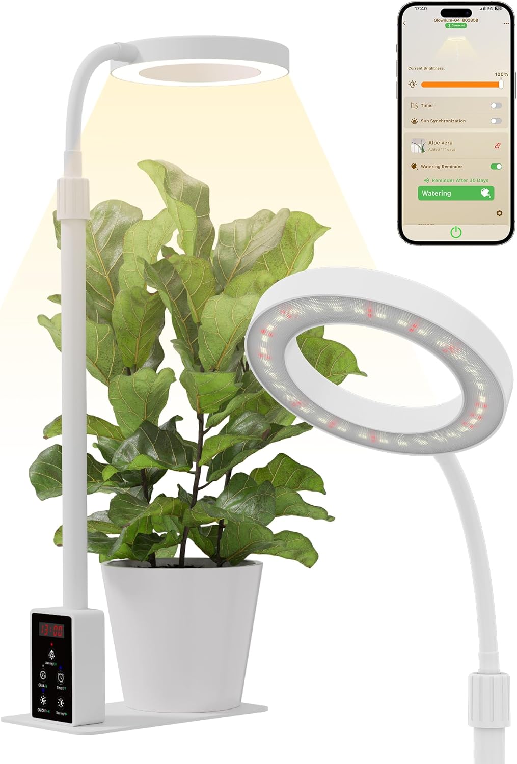 GLOWRIUM Smart LED Grow Lights for Indoor Plants, Desk Plant Light with Bluetooth App Control, 8W Full Spectrum Grow Lamp, Height Adjustable 16"-23", Auto Timer, Watering Reminder for Small Plants